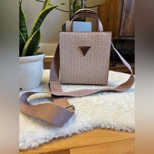 GUESS Blush Pink Monogram Crossbody Bag with Logo Triangle, Square Purse